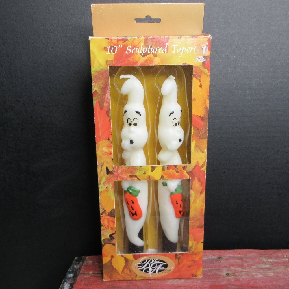 Vintage Robert Alan Halloween Ghost Taper Candles Set 2 New Box 10" Sculpted